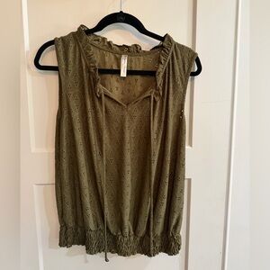 PerSeption Concept Olive Sleeveless Blouse with Eyelet Detail